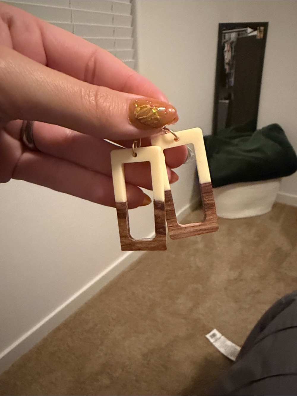Cream and Brown Rectangular Drop Earrings - Lightweight Women’s Jewelry